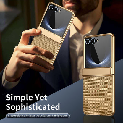 For Galaxy Z Flip8 5G Electroplated PC Fold Shockproof Vegan Leather Phone Case - Gold - EDA010120003B