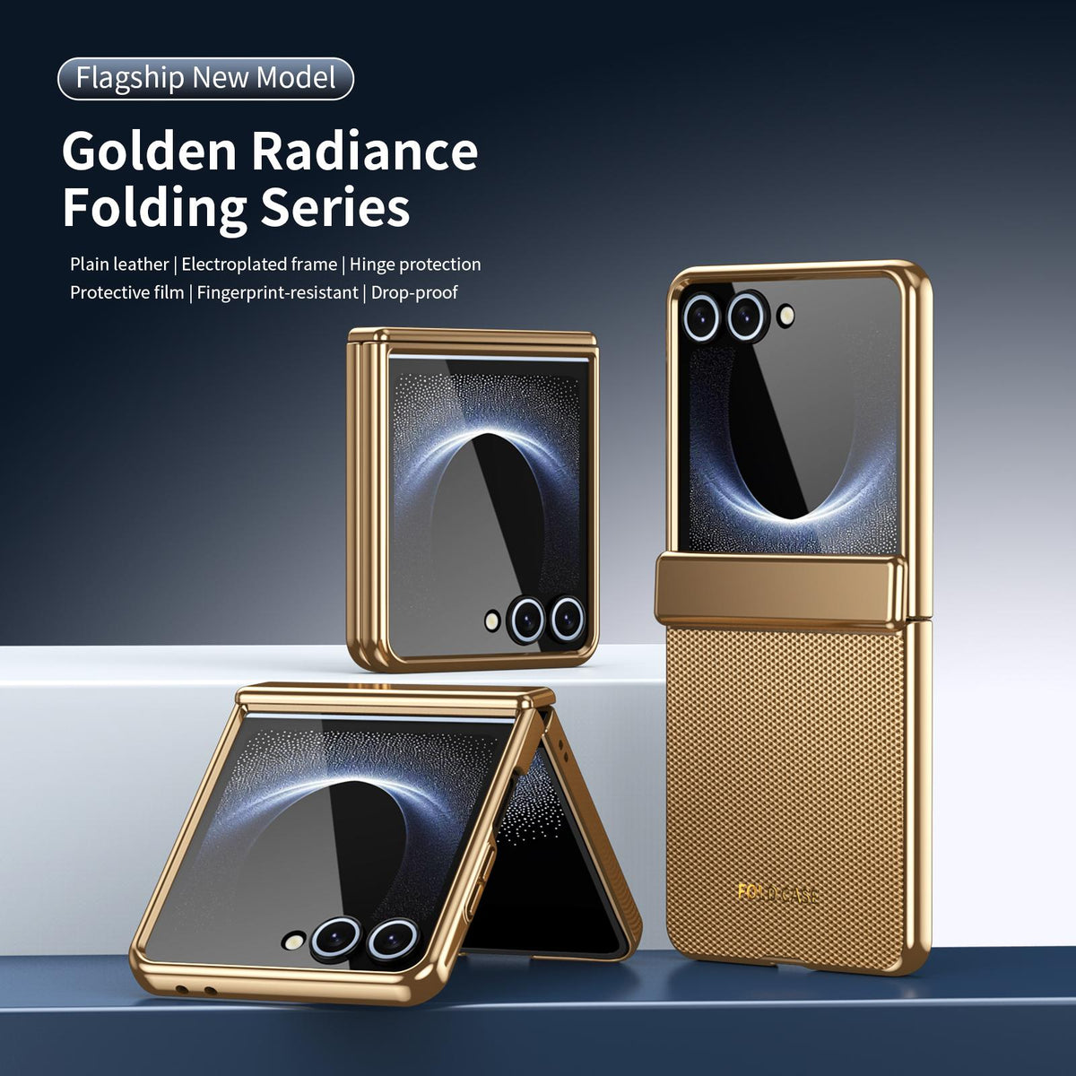 For Galaxy Z Flip8 5G Electroplated PC Fold Shockproof Vegan Leather Phone Case - Gold - EDA010120003B