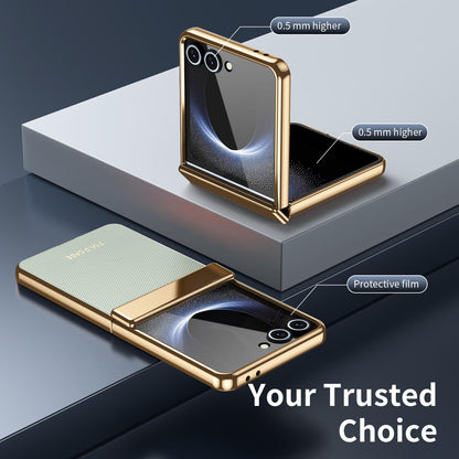 For Galaxy Z Flip8 5G Electroplated PC Fold Shockproof Vegan Leather Phone Case - Cyan - EDA010120003C