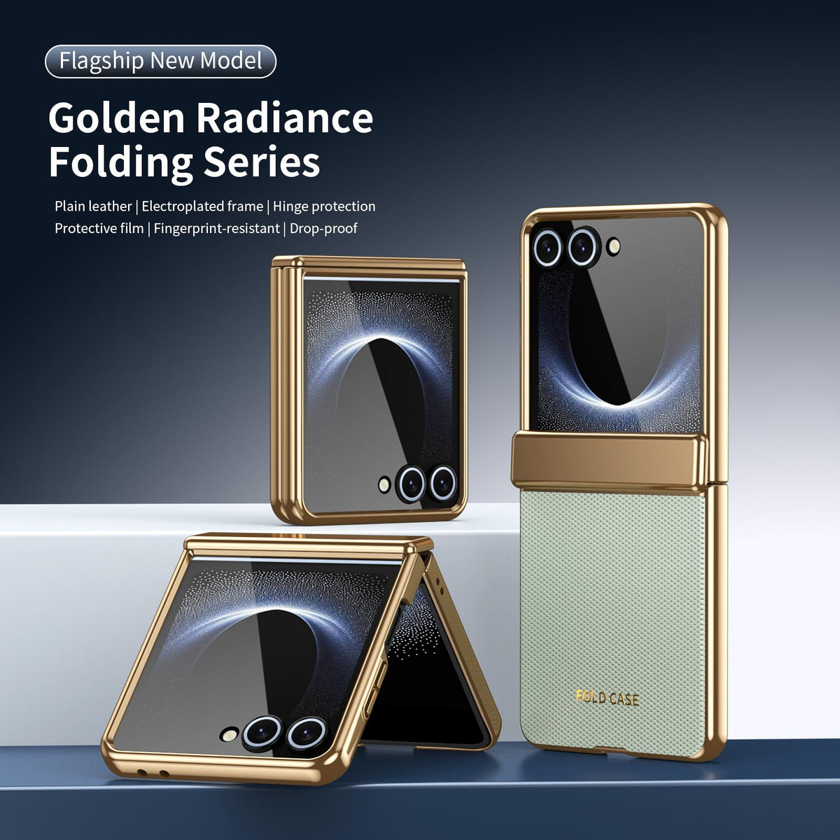 For Galaxy Z Flip8 5G Electroplated PC Fold Shockproof Vegan Leather Phone Case - Cyan - EDA010120003C