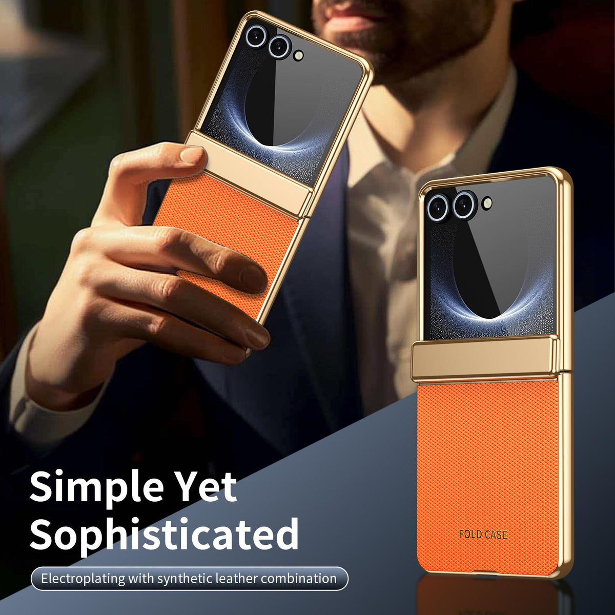 For Galaxy Z Flip8 5G Electroplated PC Fold Shockproof Vegan Leather Phone Case - Orange - EDA010120003D