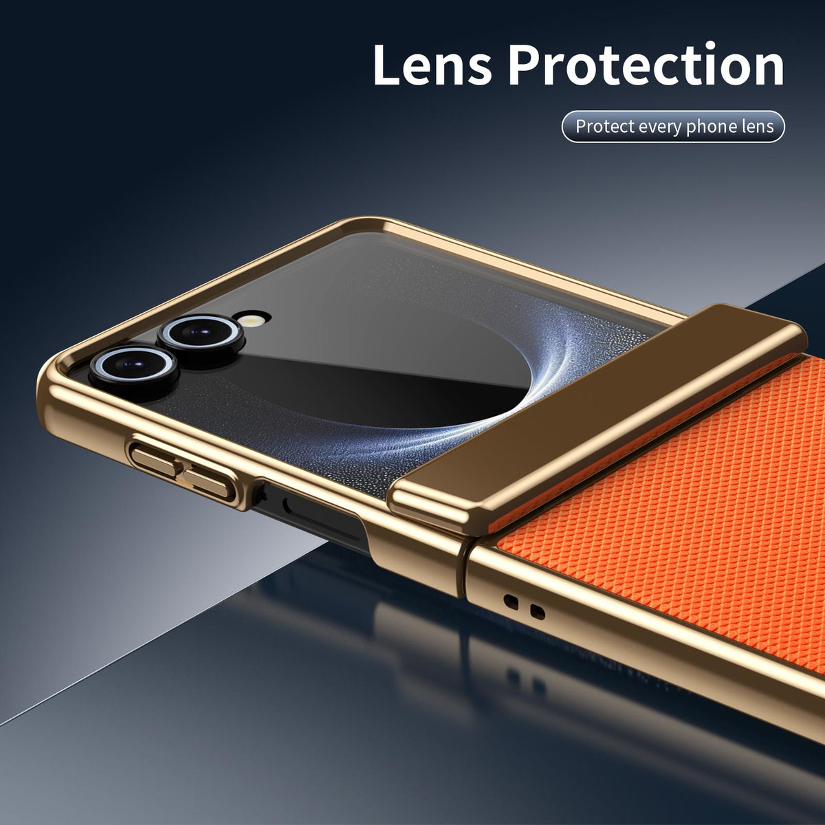 For Galaxy Z Flip8 5G Electroplated PC Fold Shockproof Vegan Leather Phone Case - Orange - EDA010120003D