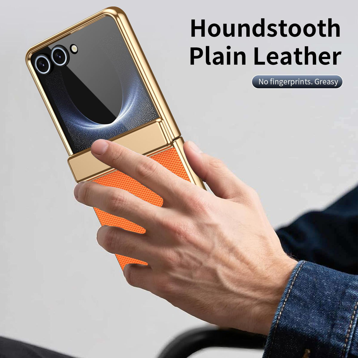 For Galaxy Z Flip8 5G Electroplated PC Fold Shockproof Vegan Leather Phone Case - Orange - EDA010120003D
