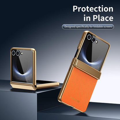 For Galaxy Z Flip8 5G Electroplated PC Fold Shockproof Vegan Leather Phone Case - Orange - EDA010120003D
