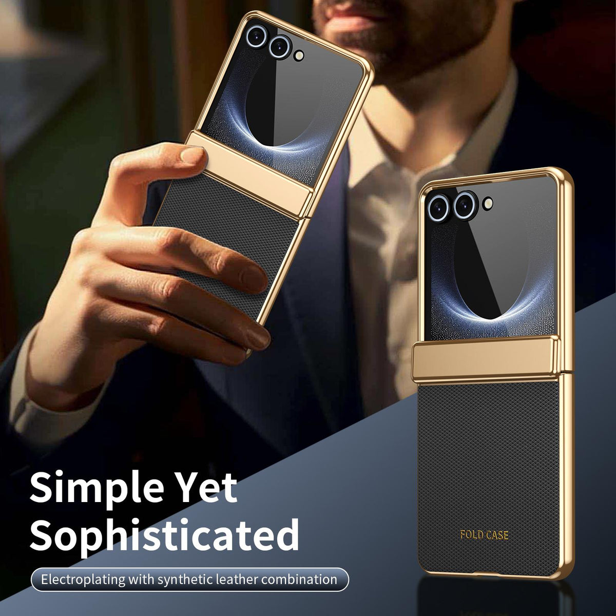 For Galaxy Z Flip8 5G Electroplated PC Fold Shockproof Vegan Leather Phone Case - Black - EDA010120003E