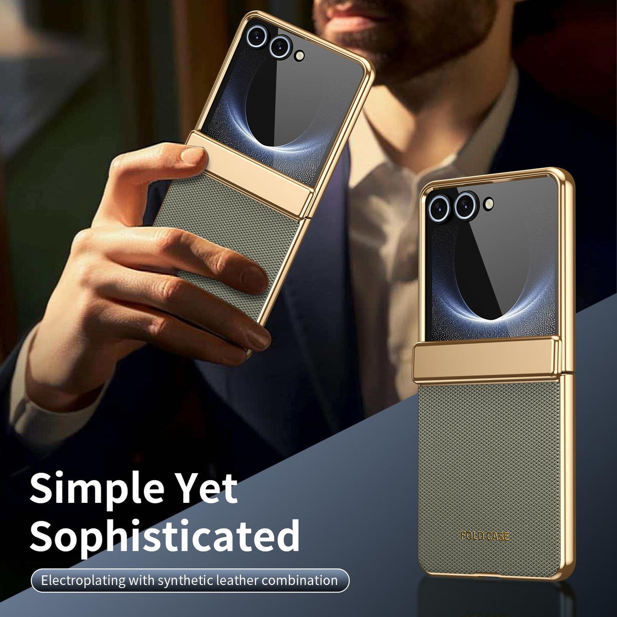 For Galaxy Z Flip8 5G Electroplated PC Fold Shockproof Vegan Leather Phone Case - Olive Green - EDA010120003F