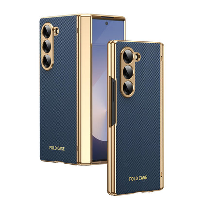 For Galaxy Z Fold6 Electroplated PC Fold Shockproof Vegan Leather Phone Case - Blue - EDA010120007A