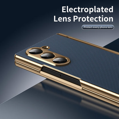 For Galaxy Z Fold6 Electroplated PC Fold Shockproof Vegan Leather Phone Case - Blue - EDA010120007A