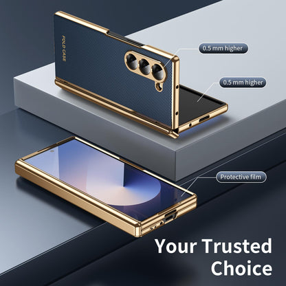 For Galaxy Z Fold6 Electroplated PC Fold Shockproof Vegan Leather Phone Case - Blue - EDA010120007A