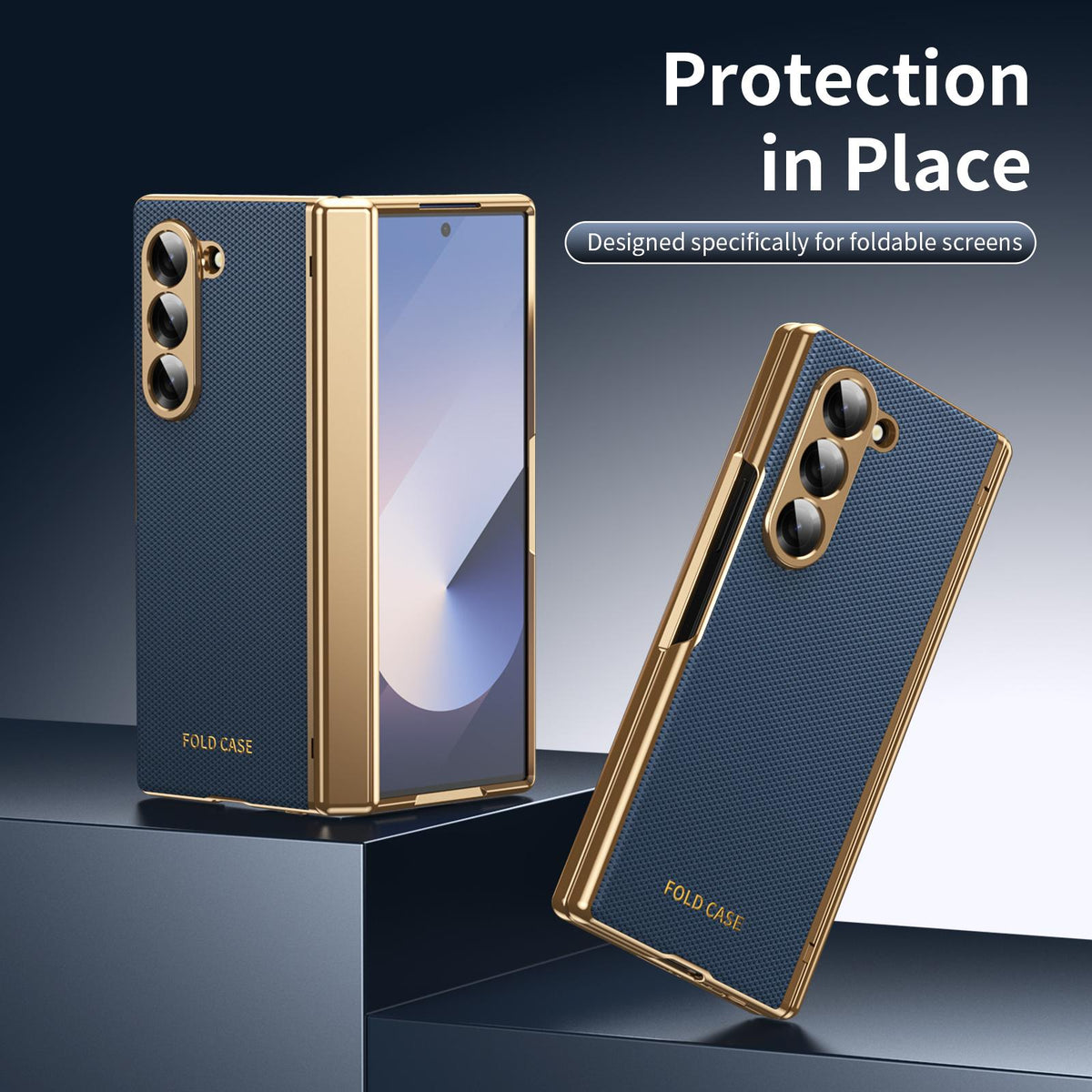 For Galaxy Z Fold6 Electroplated PC Fold Shockproof Vegan Leather Phone Case - Blue - EDA010120007A