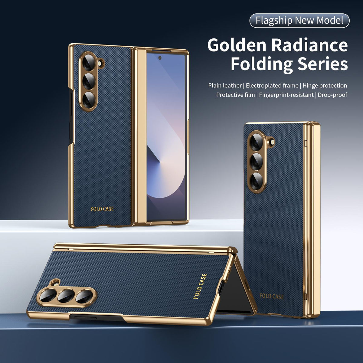 For Galaxy Z Fold6 Electroplated PC Fold Shockproof Vegan Leather Phone Case - Blue - EDA010120007A