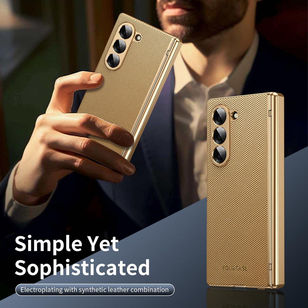 For Galaxy Z Fold6 Electroplated PC Fold Shockproof Vegan Leather Phone Case - Gold - EDA010120007B