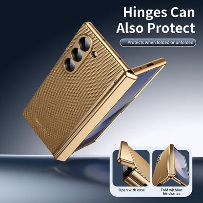For Galaxy Z Fold6 Electroplated PC Fold Shockproof Vegan Leather Phone Case - Gold - EDA010120007B