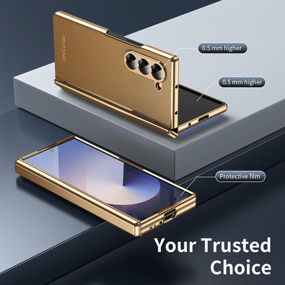 For Galaxy Z Fold6 Electroplated PC Fold Shockproof Vegan Leather Phone Case - Gold - EDA010120007B