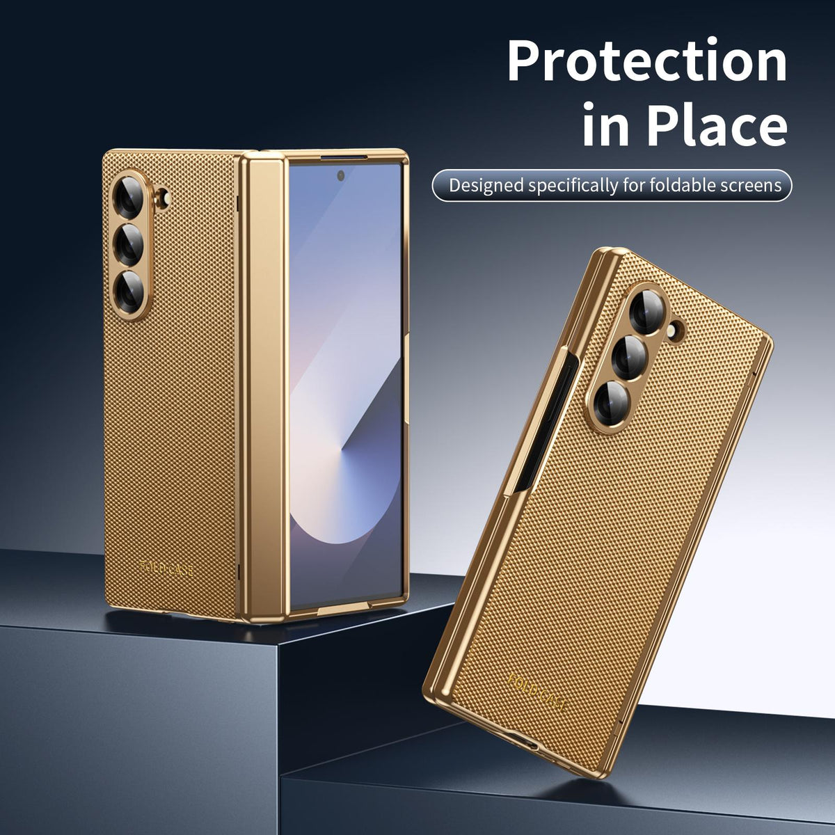 For Galaxy Z Fold6 Electroplated PC Fold Shockproof Vegan Leather Phone Case - Gold - EDA010120007B