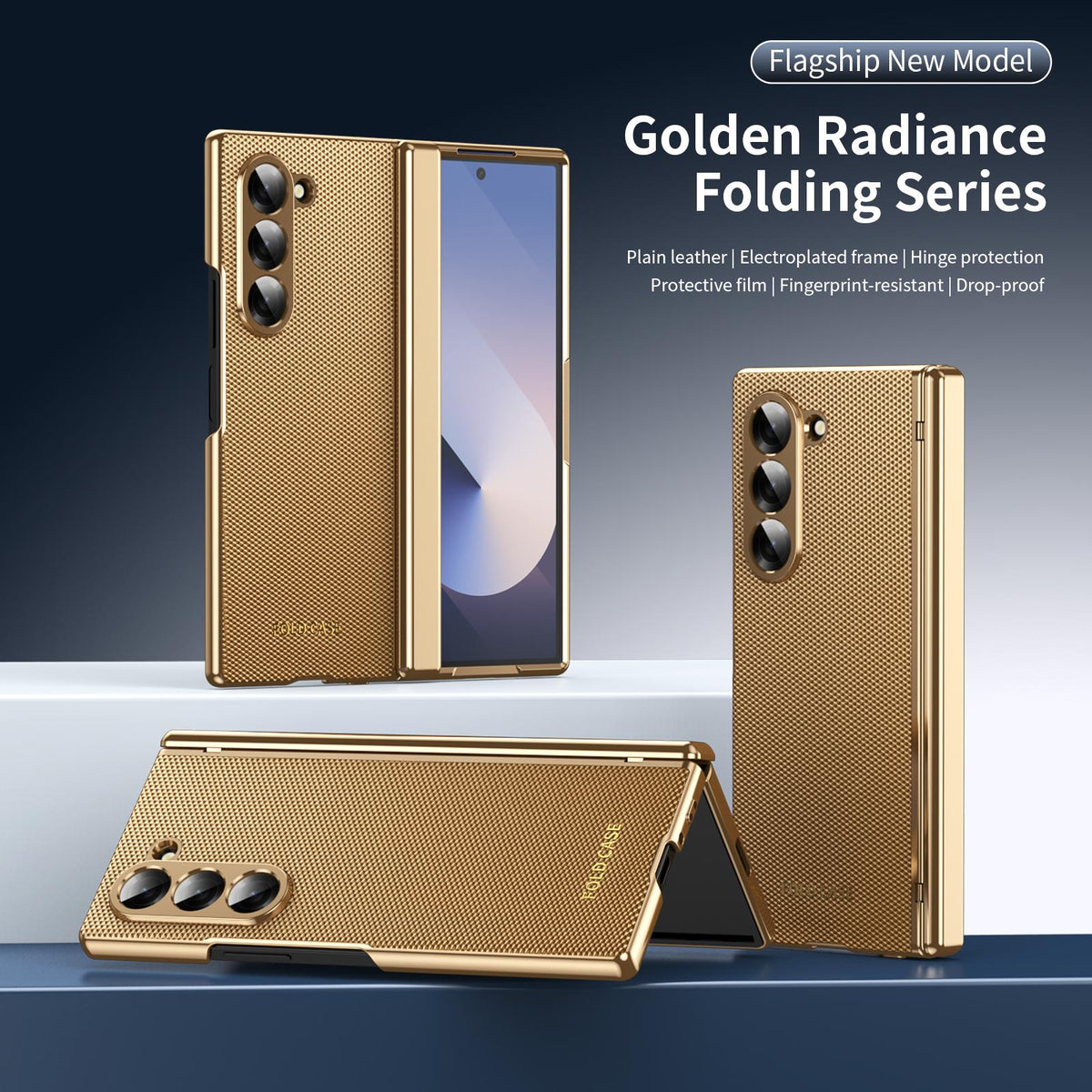 For Galaxy Z Fold6 Electroplated PC Fold Shockproof Vegan Leather Phone Case - Gold - EDA010120007B