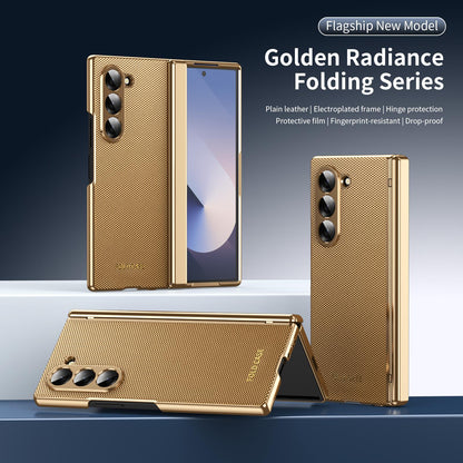 For Galaxy Z Fold6 Electroplated PC Fold Shockproof Vegan Leather Phone Case - Gold - EDA010120007B