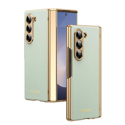 For Galaxy Z Fold6 Electroplated PC Fold Shockproof Vegan Leather Phone Case - Cyan - EDA010120007C
