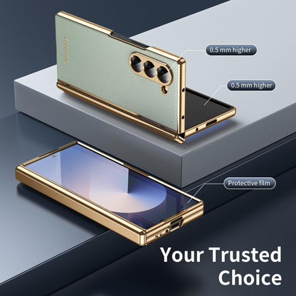 For Galaxy Z Fold6 Electroplated PC Fold Shockproof Vegan Leather Phone Case - Cyan - EDA010120007C