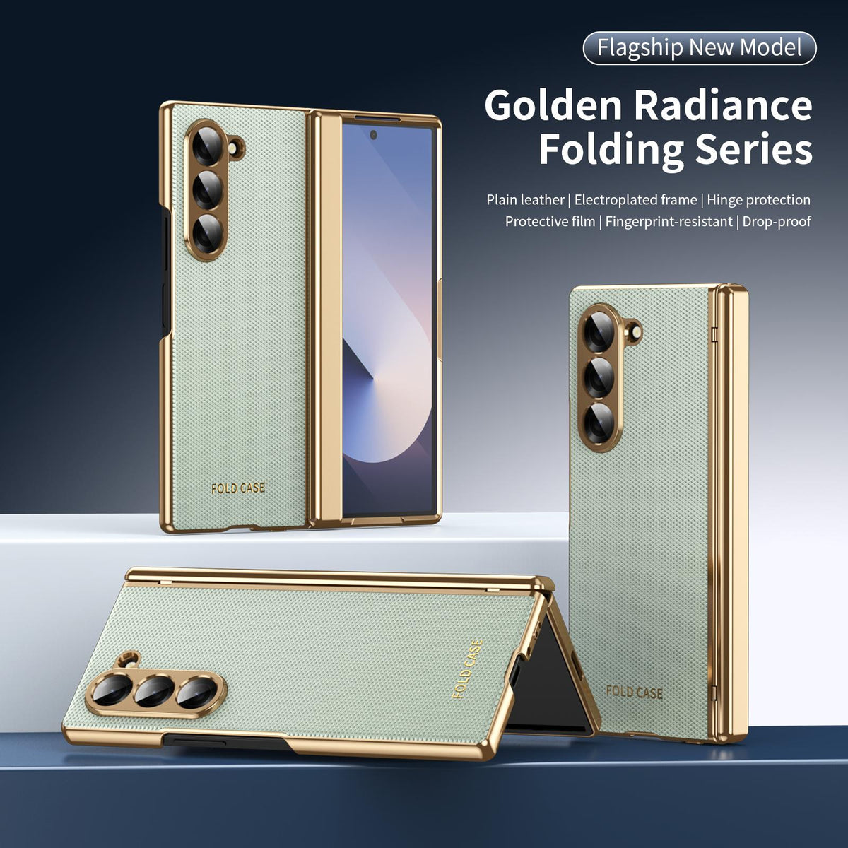For Galaxy Z Fold6 Electroplated PC Fold Shockproof Vegan Leather Phone Case - Cyan - EDA010120007C