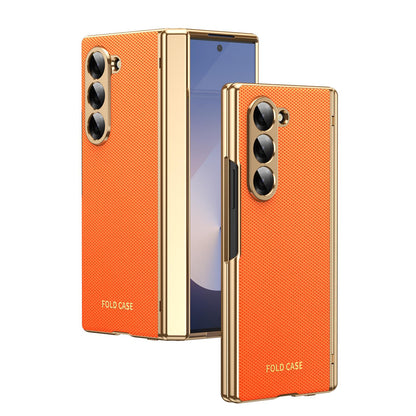 For Galaxy Z Fold6 Electroplated PC Fold Shockproof Vegan Leather Phone Case - Orange - EDA010120007D