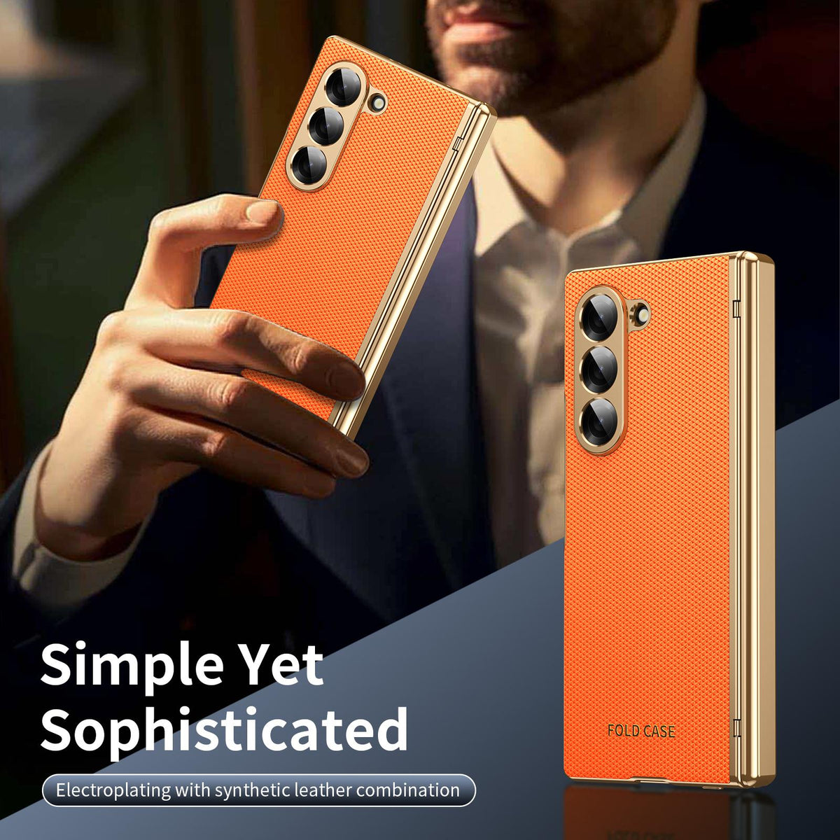 For Galaxy Z Fold6 Electroplated PC Fold Shockproof Vegan Leather Phone Case - Orange - EDA010120007D