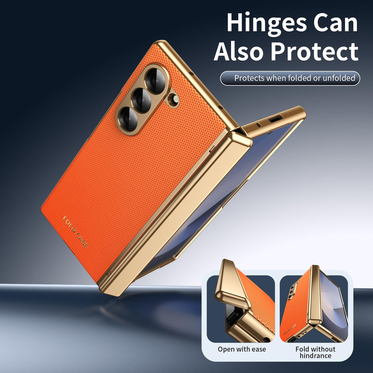 For Galaxy Z Fold6 Electroplated PC Fold Shockproof Vegan Leather Phone Case - Orange - EDA010120007D