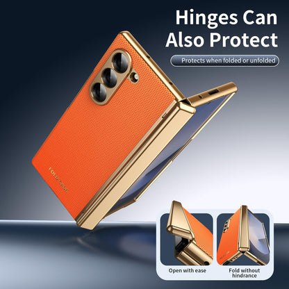 For Galaxy Z Fold6 Electroplated PC Fold Shockproof Vegan Leather Phone Case - Orange - EDA010120007D