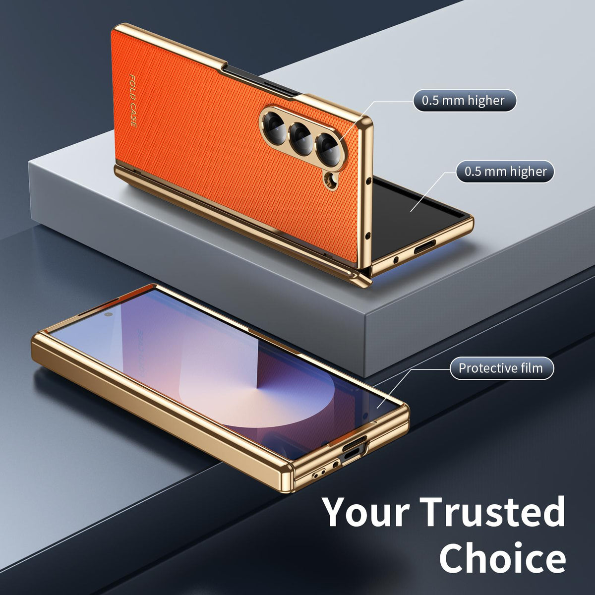For Galaxy Z Fold6 Electroplated PC Fold Shockproof Vegan Leather Phone Case - Orange - EDA010120007D