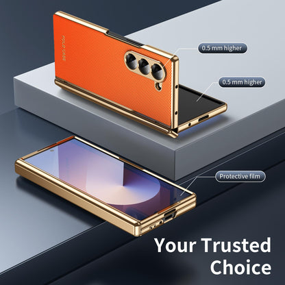 For Galaxy Z Fold6 Electroplated PC Fold Shockproof Vegan Leather Phone Case - Orange - EDA010120007D