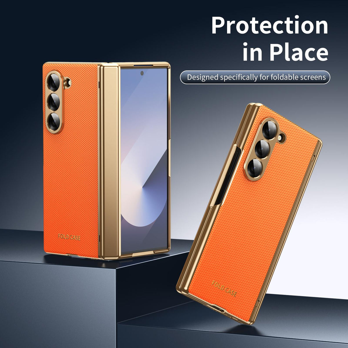 For Galaxy Z Fold6 Electroplated PC Fold Shockproof Vegan Leather Phone Case - Orange - EDA010120007D