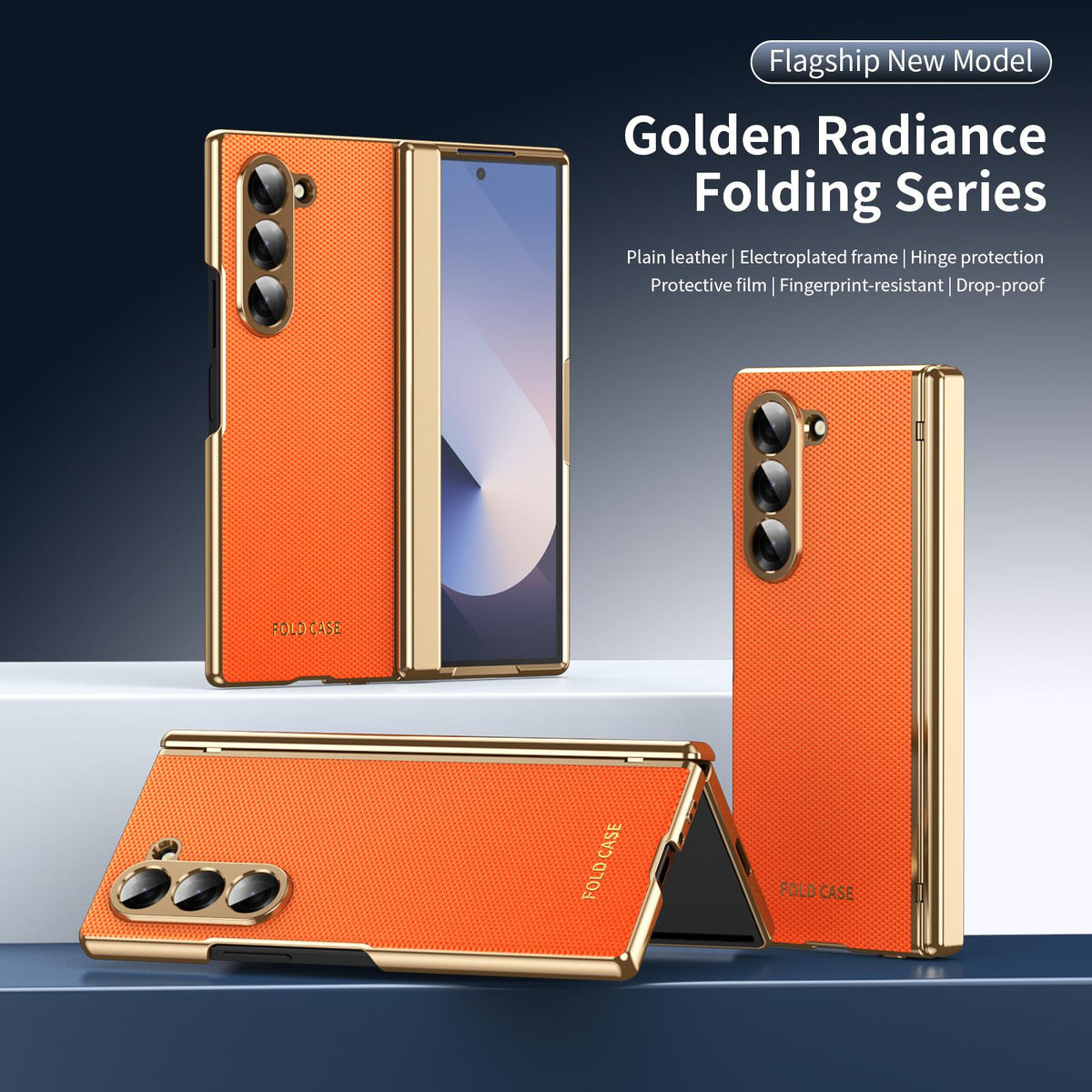 For Galaxy Z Fold6 Electroplated PC Fold Shockproof Vegan Leather Phone Case - Orange - EDA010120007D