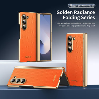 For Galaxy Z Fold6 Electroplated PC Fold Shockproof Vegan Leather Phone Case - Orange - EDA010120007D