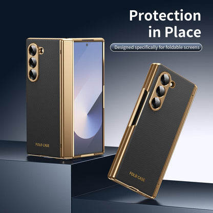 For Galaxy Z Fold6 Electroplated PC Fold Shockproof Vegan Leather Phone Case - Black - EDA010120007E
