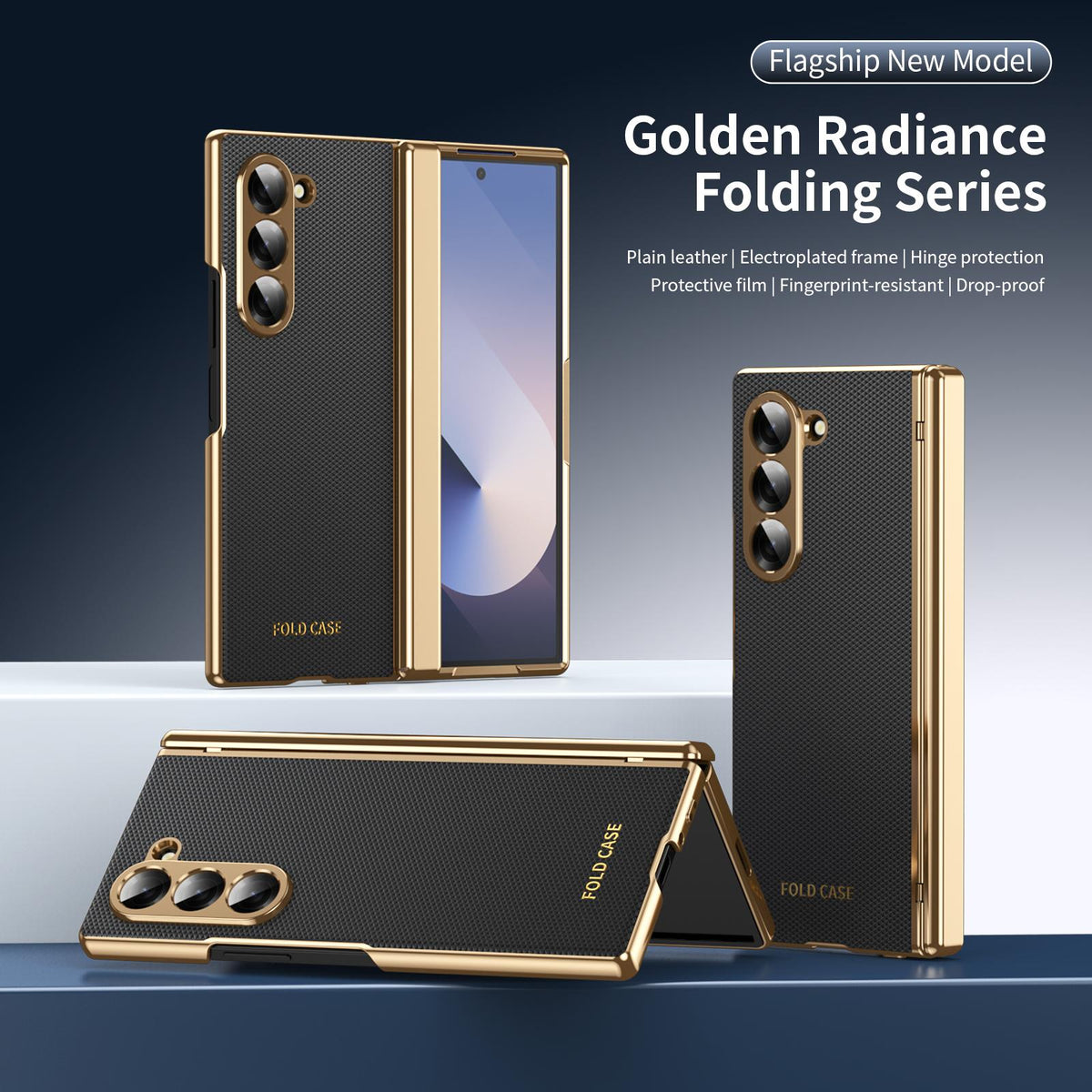 For Galaxy Z Fold6 Electroplated PC Fold Shockproof Vegan Leather Phone Case - Black - EDA010120007E