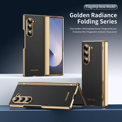 For Galaxy Z Fold6 Electroplated PC Fold Shockproof Vegan Leather Phone Case - Black - EDA010120007E