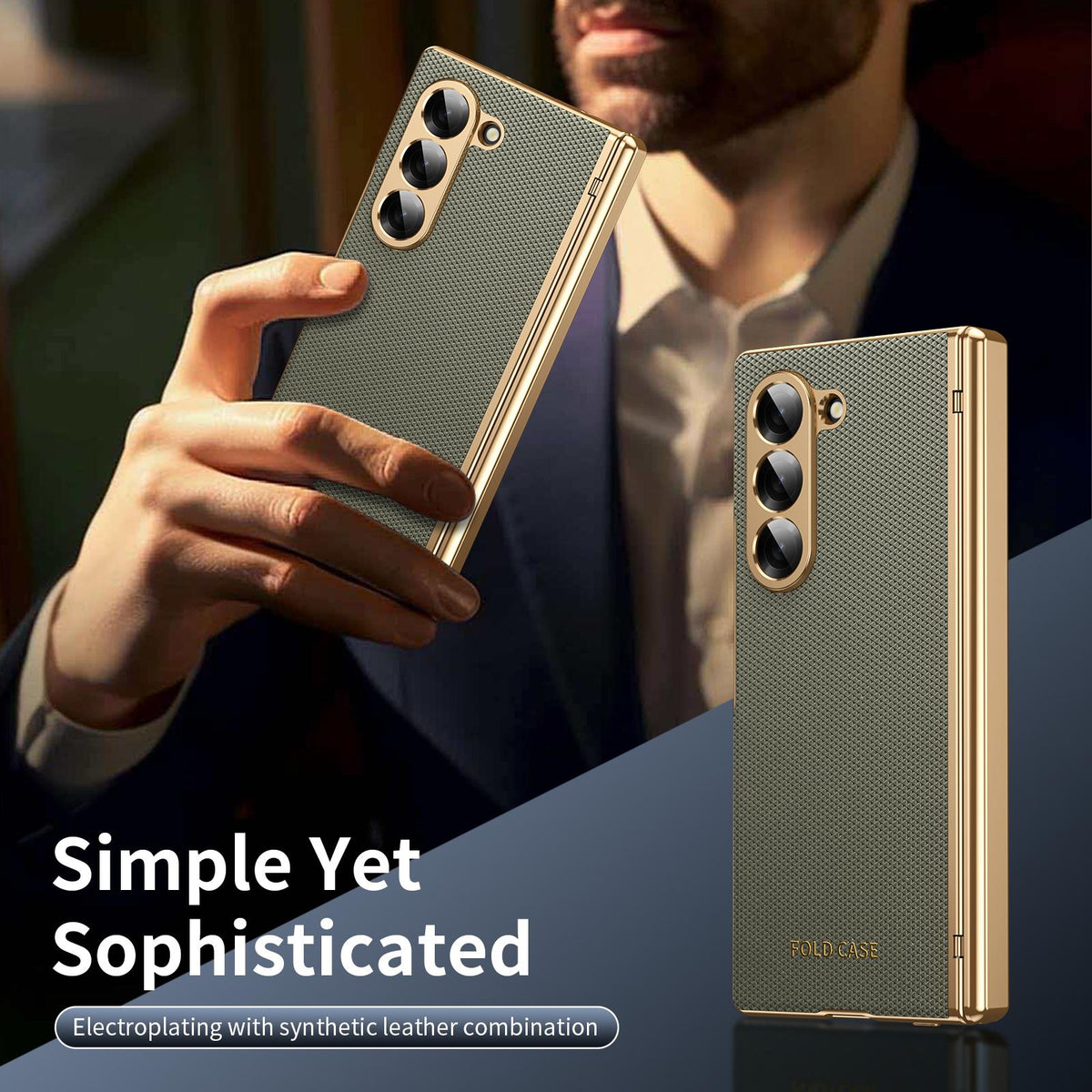 For Galaxy Z Fold6 Electroplated PC Fold Shockproof Vegan Leather Phone Case - Olive Green - EDA010120007F