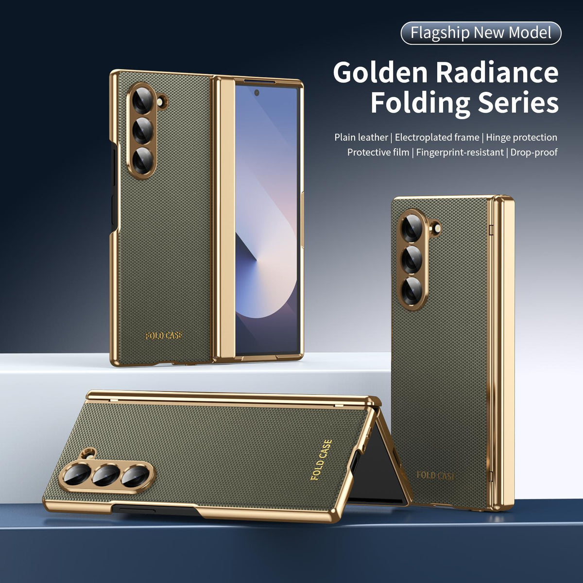 For Galaxy Z Fold6 Electroplated PC Fold Shockproof Vegan Leather Phone Case - Olive Green - EDA010120007F