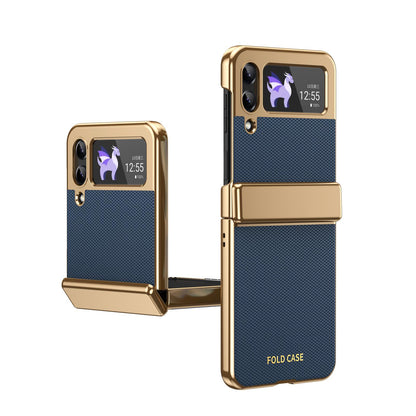 For Galaxy Z Flip3 5G Electroplated PC Fold Shockproof Vegan Leather Phone Case - Blue - EDA010120012A