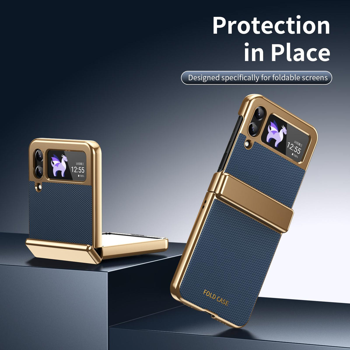 For Galaxy Z Flip3 5G Electroplated PC Fold Shockproof Vegan Leather Phone Case - Blue - EDA010120012A