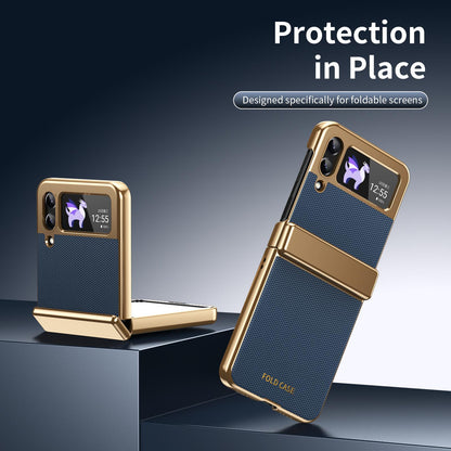 For Galaxy Z Flip3 5G Electroplated PC Fold Shockproof Vegan Leather Phone Case - Blue - EDA010120012A