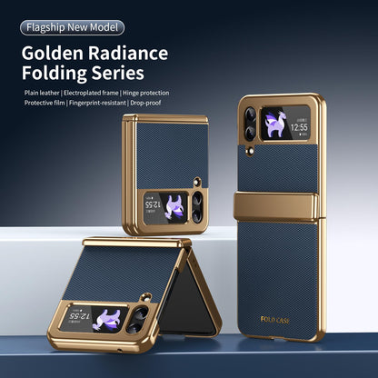 For Galaxy Z Flip3 5G Electroplated PC Fold Shockproof Vegan Leather Phone Case - Blue - EDA010120012A