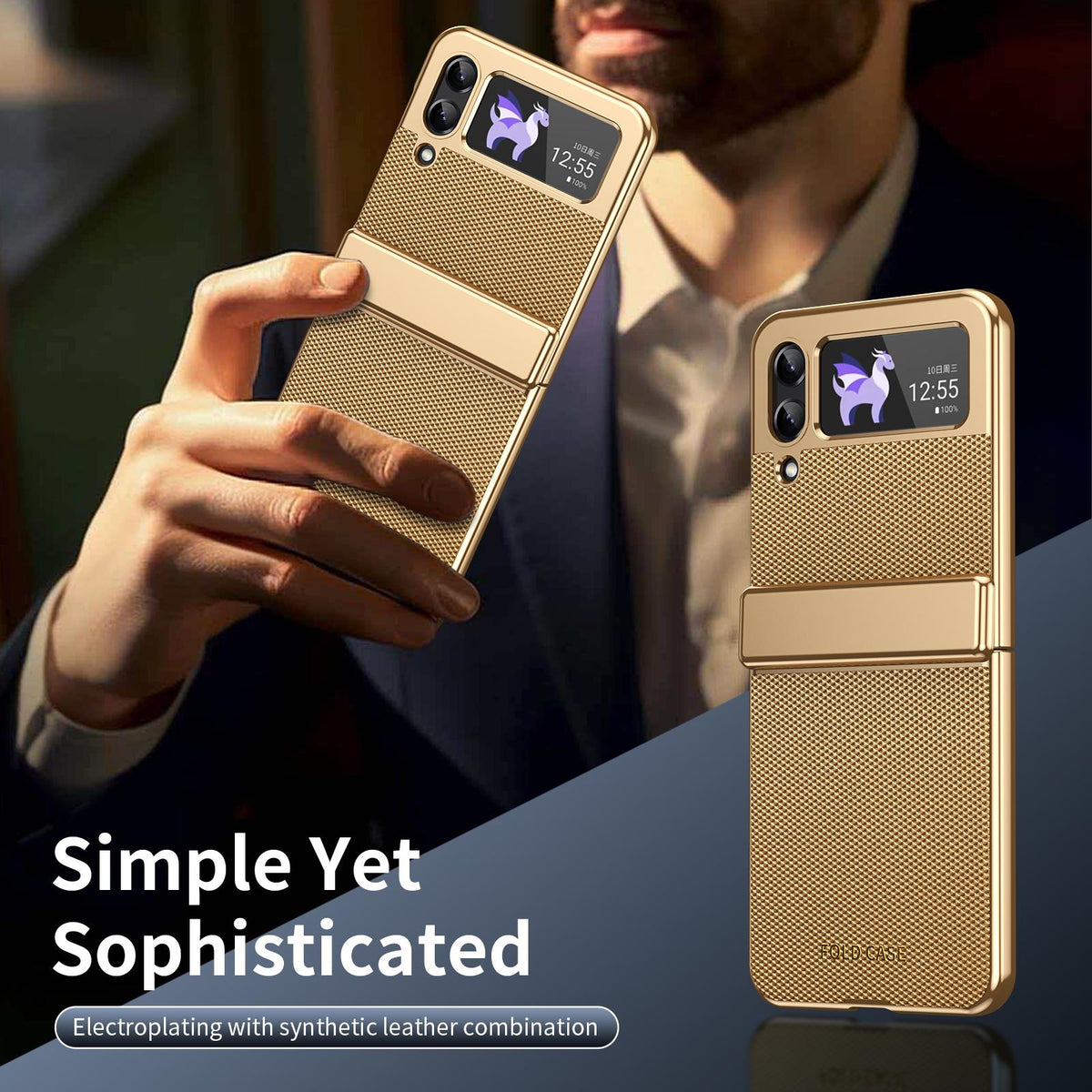 For Galaxy Z Flip3 5G Electroplated PC Fold Shockproof Vegan Leather Phone Case - Gold - EDA010120012B