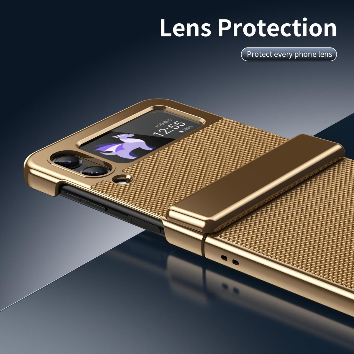 For Galaxy Z Flip3 5G Electroplated PC Fold Shockproof Vegan Leather Phone Case - Gold - EDA010120012B