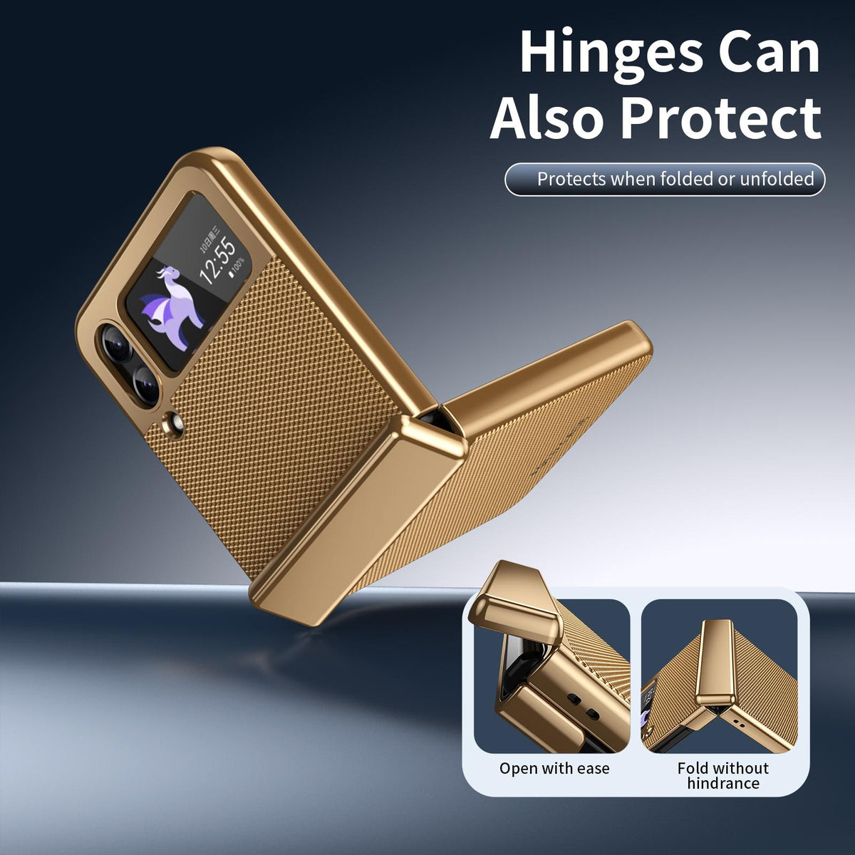 For Galaxy Z Flip3 5G Electroplated PC Fold Shockproof Vegan Leather Phone Case - Gold - EDA010120012B