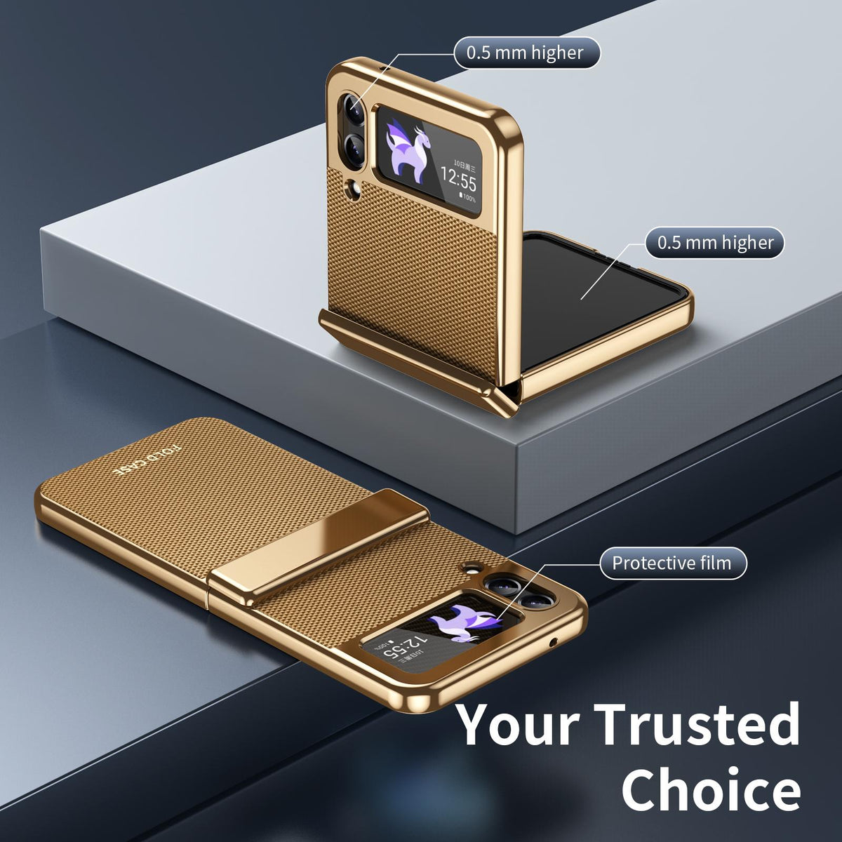 For Galaxy Z Flip3 5G Electroplated PC Fold Shockproof Vegan Leather Phone Case - Gold - EDA010120012B