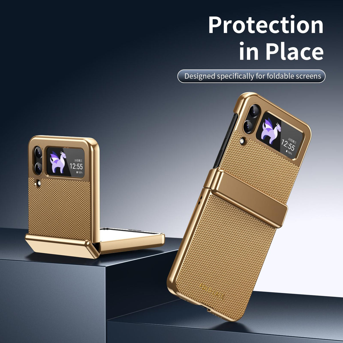 For Galaxy Z Flip3 5G Electroplated PC Fold Shockproof Vegan Leather Phone Case - Gold - EDA010120012B