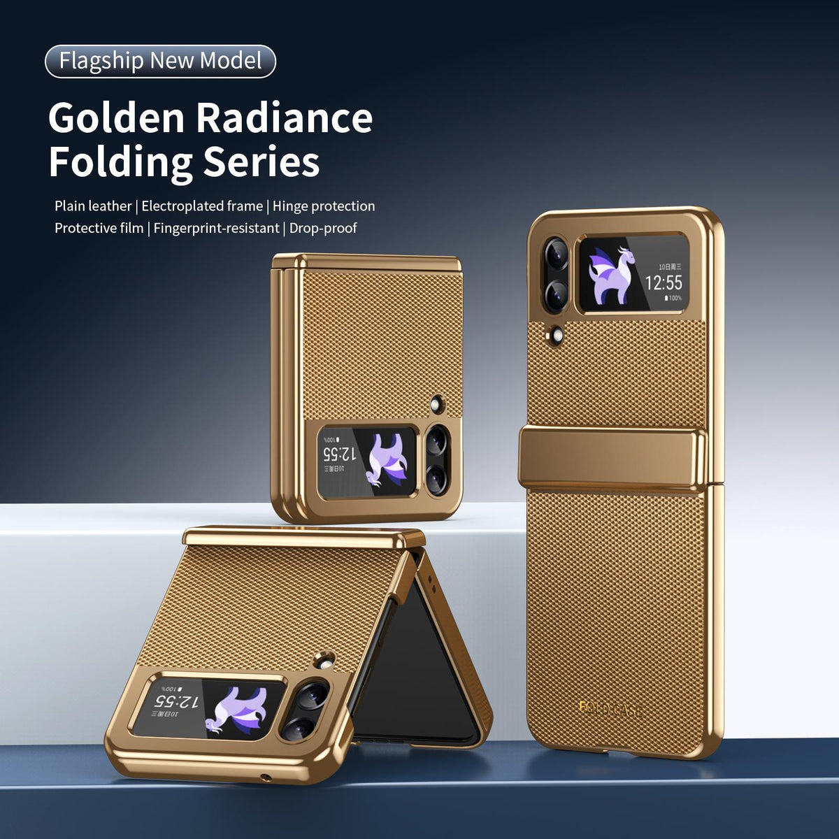 For Galaxy Z Flip3 5G Electroplated PC Fold Shockproof Vegan Leather Phone Case - Gold - EDA010120012B