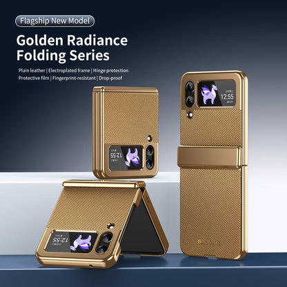 For Galaxy Z Flip3 5G Electroplated PC Fold Shockproof Vegan Leather Phone Case - Gold - EDA010120012B