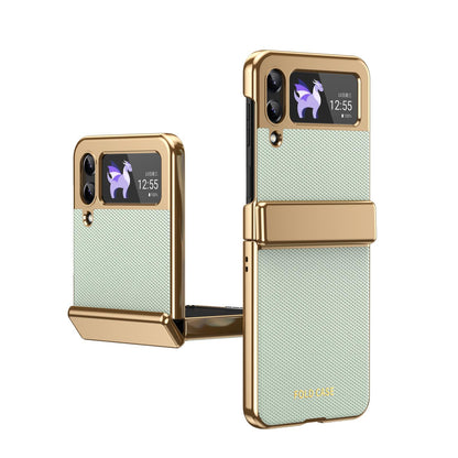 For Galaxy Z Flip3 5G Electroplated PC Fold Shockproof Vegan Leather Phone Case - Cyan - EDA010120012C